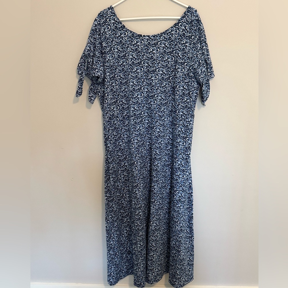 Emma & Michele Women's Blue Floral 3X Dress Full Length Ditsy Casual Tie Sleeves